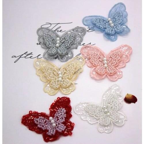 5pcs 3D Butterfly Sequined Pearl Lace Patches Applique For Bridal Wedding dress Sewing Accessories Diy Decoration patch