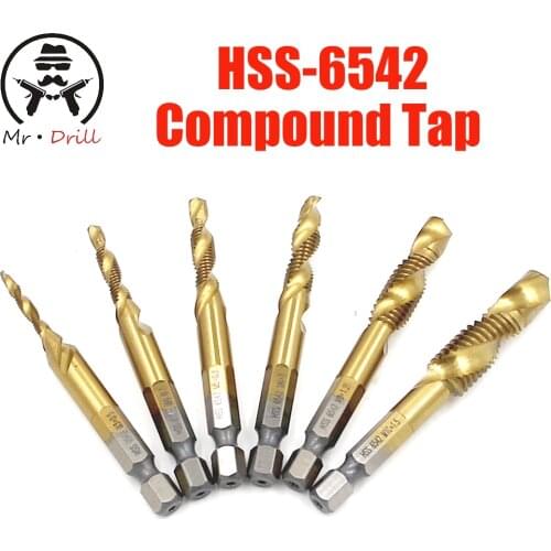 6pc/Set Tap Hex Shank HSS 6542 Screw Spiral Point Thread Metric Plug Drill Bits M3 M4 M5 M6 M8 M10 Combination 1/4 Inch Hex