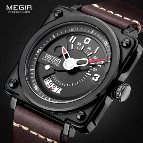 Megir Mens Square Analog Dial Leather Strap Waterproof Quartz Wrist Watches with Calendar Date 2040