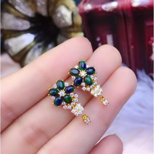 Black Opal earring Natural real Black opal 925 sterling silver Fine jewelry Earring