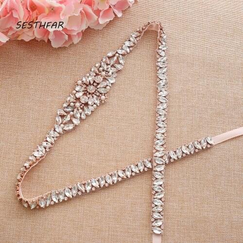 SESTHFAR long length Pearls Belt Rose Gold Rhinestones Crystal Bridal Belt Hand Beaded Thin Wedding Dress Belt
