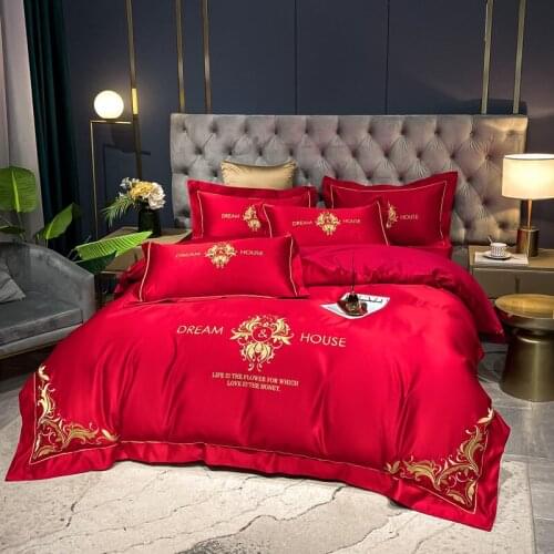 Red Luxury Satin Silk Cotton Gold Embroidery Bedding Set Queen King Double Duvet Cover Bedsheet Linen Pillowcases Home Textile
