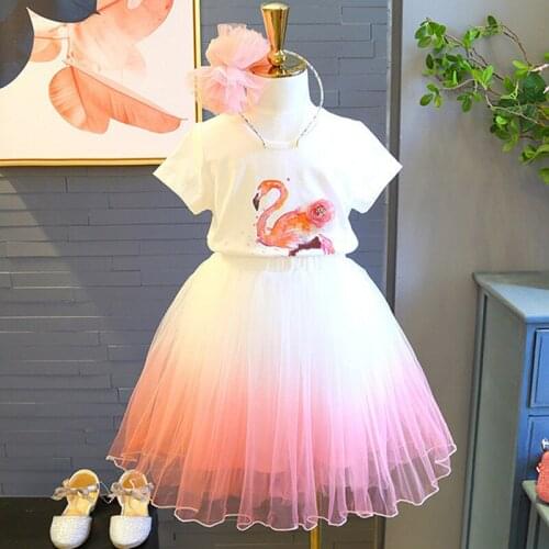 Summer Girls' Suit Elegant Princess Party Short-Sleeved T-Shirt + Gradient Gauze Gauze Skirt Two-Piece Children Clothes Set