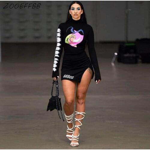 ZOOEFFBB Aesthetic Print Turtleneck Mini Dress One Piece Sexy Club Birthday Outfits for Women Split Dresses 2021 Trendy Clothing