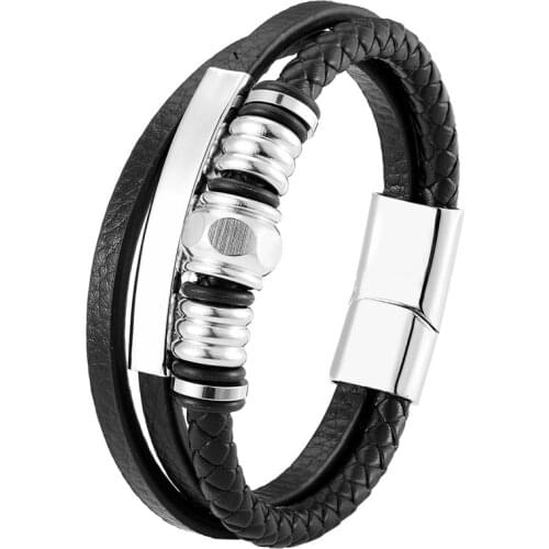 Fashion Wild Multilayer Genuine Leather Bracelet Ladies Jewelry Stainless Steel Bangle Punk Chain Magnetic Pulseira Masculina