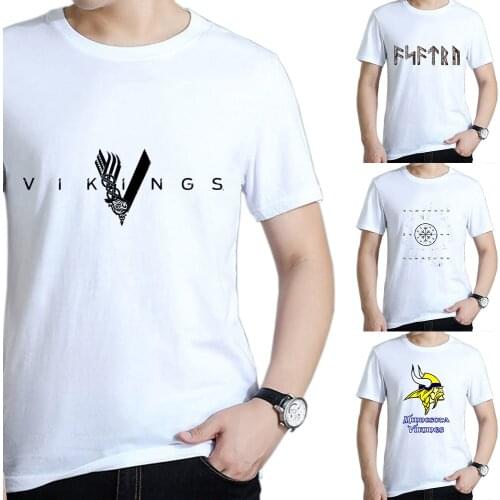 Men T-shirt Viking Symbol - Raven Axe Shield Warrior Compass - Printed Summer Short Sleeved Harajuku T shirt Street Wear Hip-Hop