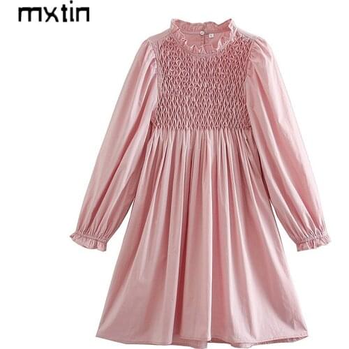 MXTIN 2021 Women Elegant Spring Pink Midi Dress Fashion High Waist Elasticity Long Sleeve Female Party Dresses Vestidos Mujer