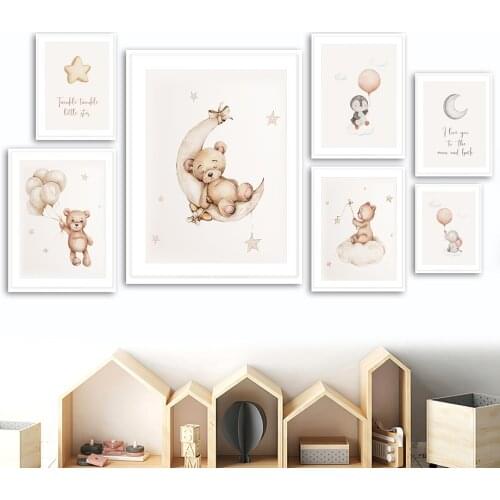 Bear Penguin Elephant Rabbit Balloon Moon Star Wall Art Canvas Painting Nordic Posters And Prints Wall Pictures Kids Room Decor