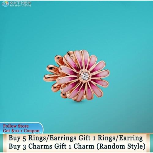 Ahthen 925 Sterling Silver Beads Pink Daisy Flower Charms fit Original Pandora Bracelets Women Jewelry Making Birthday Gift