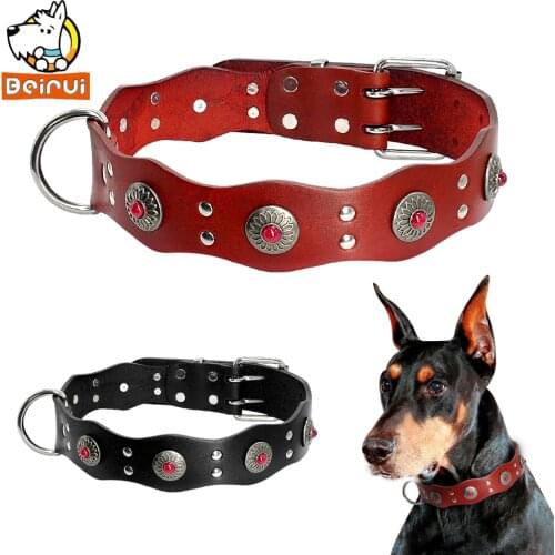 Durable Genuine Leather Dog Collar Reddish Brown Black Adjustable Studded Pet Collars Vintage Style For Medium Dogs Cats Pitbull