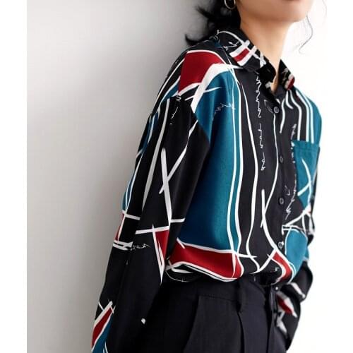 Geometric print long-sleeved chiffon shirt top elegant loose fashion wild design retro shirt office ladies top