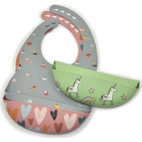 Baby Silicone Printing Bib Newborn Cartoon Feeding Accessories Adjustable Drooling Babador Burp Baby Feeding Tableware BPA Free