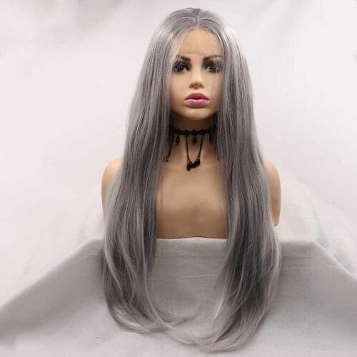 Sylvia Smoke Grey Synthetic Lace Front Wigs Blonde Tips For Women Hair Long Natural Straight Wigs Heat Resistant Fiber Wigs