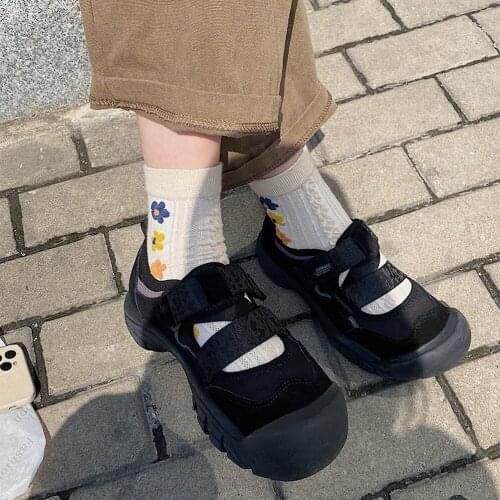 YSHUNIJ 2021 New Women Round Head Thick Bottom Simple Temperament Ugly Budding Doll Big Head Magic Sticker Sports Shoes