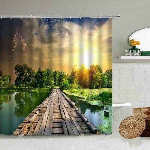 Natural Scenery Shower Curtain Ocean River Pier Wooden Bridge Green Plant Landscape Bathroom Decor With Hook Waterproof Screen