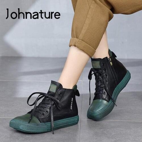 Johnature Square Toe Shoes Women Boots Genuine Leather 2021 New Autumn Winter Mixed Colors Zip Flat With Concise Platform Boots