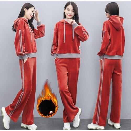 Woman Thicken Velvet Tracksuit Two Piece Set Female Plus Size 4XL Casual Long Sleeve Hooded Pullover Tops Pant Jogging Suit Q11