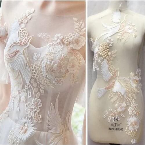 1Pc Champagne Delicate Phoenix Wedding Head Ornaments Body Lace Applique Ivory Dress DIY Lace Trim Dress DIY Lace BD0360