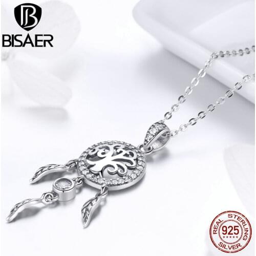 BISAER 925 Sterling Silver Vintage Dream Catcher Family Tree Leaves Necklaces Pendant Women Sterling Silver Jewelry ECN298