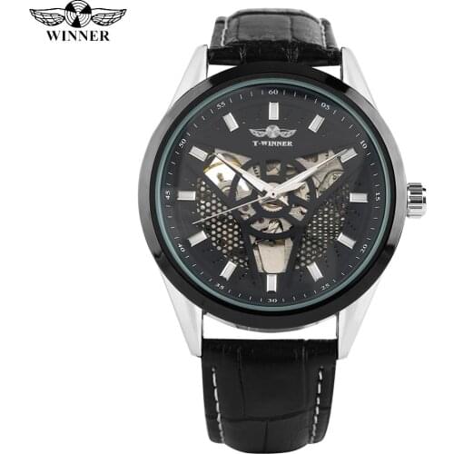 Business Stainless Steel Leather Strap Watch for Men Automatic-self-winding Mechanical Watches for Male Hollow Triangle Dial