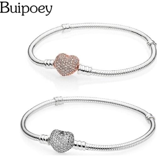Buipoey Pink Zircon Heart Buckle Chain Silver Color Rose Gold 16CM-21CM Snake Chain Fit DIY Charm Bracelet Bangle Kids Jewelry