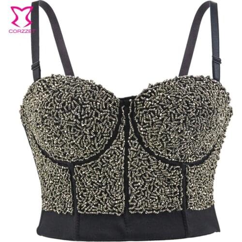 Black Gothic Women Crystal Beading Diamond Push Up Bustier Crop Top Corset Tank Vest Sexy Lingerie Bras PartyNight Club Bra