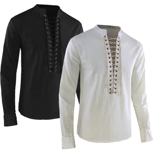 Vintage Punk Men T-shirt Long Sleeve Bangdage Stand -up Collar Loose Comfortable Performance Victoria Men Clothes Retro Tops Men