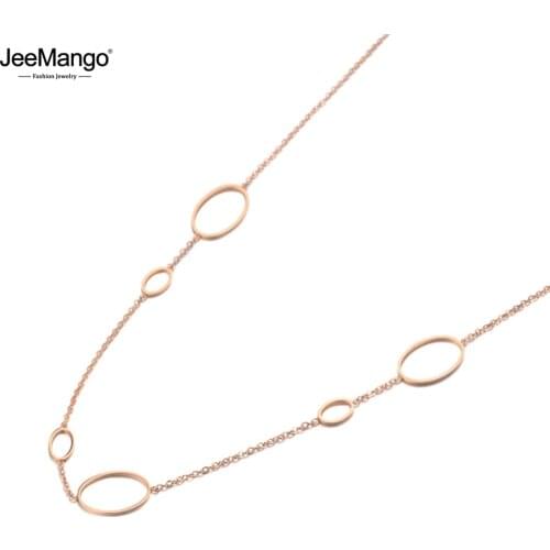 JeeMango Bohemia Stainless Steel Oval Geometry Choker Necklace Jewelry Rose Gold Chain Link Pendant Necklace For Women JN19120