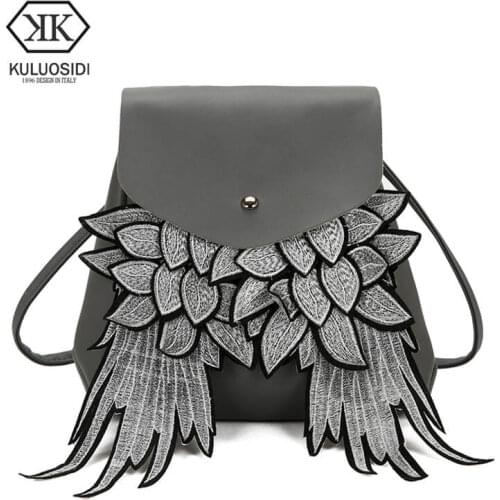 KULUOSIDI Women Leather Backpacks Female School bags for Girls Fashion Rucksack Small Floral Embroidery Wings Bagpack Mochila