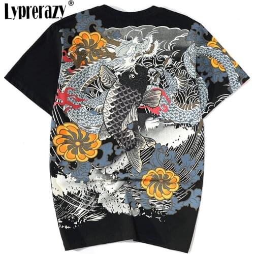Lyprerazy Chinese Style T Shirt Wave Flower Carp fish Dragon Embroidery Tops Tees Streetwear Cotton Hip Hop Print T-Shirt