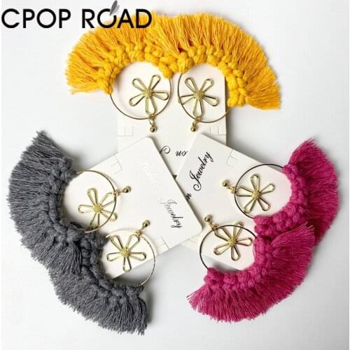 Trendy Macrame Earrings for Women Bohemian Handmade Cotton Flower Pendant Tassel Earrings Ethnic Style Wedding Jewelry Girl Gift
