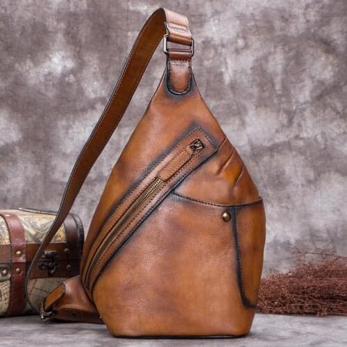 Vintage Genuine Leather Mens Chest Bag Large Capacity Shoulder Messenger Bag Travel Bags First Layer Cowhide Soft Men Retro