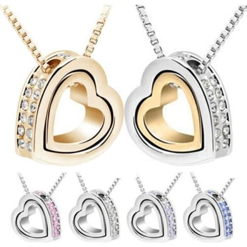 2019 New quality Austrian crystal AAAA+ rhinestone double Heart Pendant Sweater chain Necklace charm women fashion jewelry