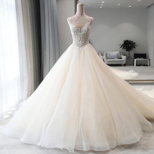 Shiny Beaded Crystal Body Princess Wedding Dresses A-Line Vestido Noiva Shoulder Straps Backless Illusion Bridal Gowns
