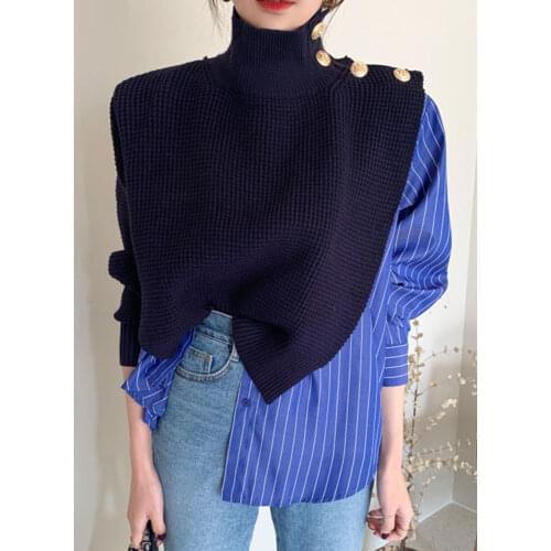 Women Autumn New Sweaters Striped Panelled Patchwork Turtleneck Sweater Chic Side Buttons Fake Two-piece Female Pullovers PL419