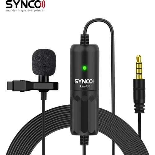 SYNCO Lav-S8 Professional Lavalier Microphone Clip-on Omnidirectional Lapel Mic Noise Reduction Auto-Pairing 8M Long Cable