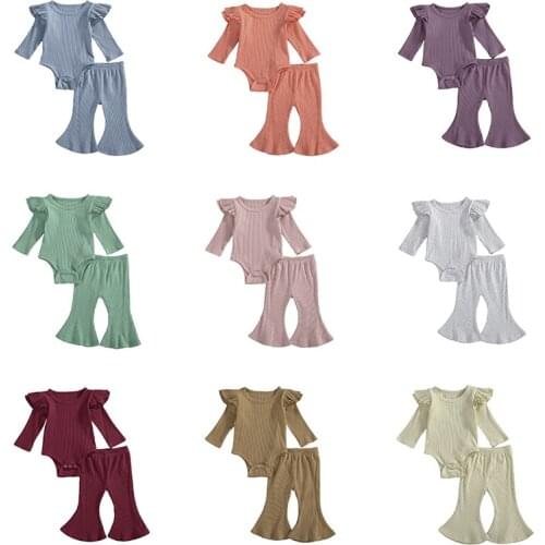 Spring Baby Girls Clothing Sets Todder Newborn Ruffles Long Sleeve Rompers Tops+Flare Pants Girls Casual Ribbed Knitted Outfits
