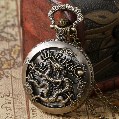 Vintage Ancient China Style Dragon Design Pocket Watch Quartz Watches Necklace Pendant Chain Womens Mens Gift Relogio De Bolso