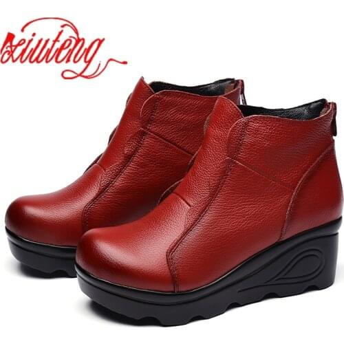 Xiuteng Platform Zipper Ankle Winter Shoes Women Boots High Quality Height Increasing Ladies Shoes Cow Lerther Down Fashion Boot