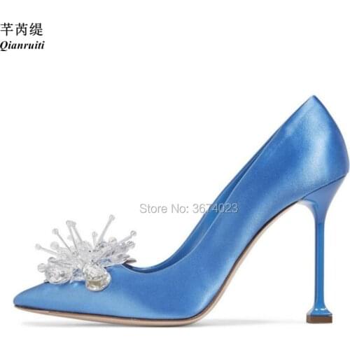 Qianruiti Blue Black Silk Heels Women Clear Flower Crystal Pumps Pointed Toe Wedding High Heels 100 mm Satin Stilettos Party