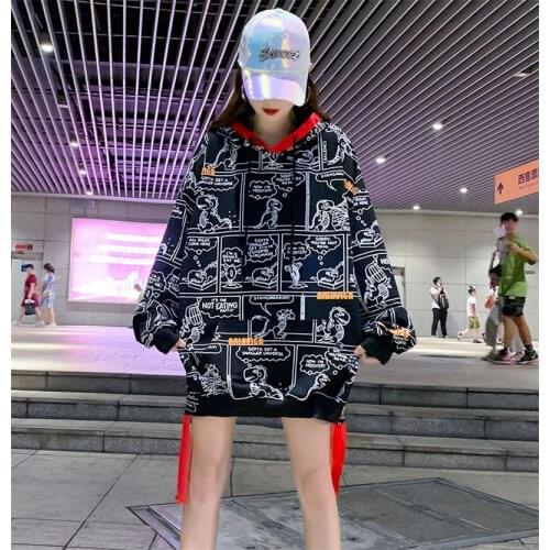 Long Sleeve Hoodies Women Pockets Cartoon dinosaur Trendy Cute Female Loose album Velvet Womens size All-match Lovely Streetwear