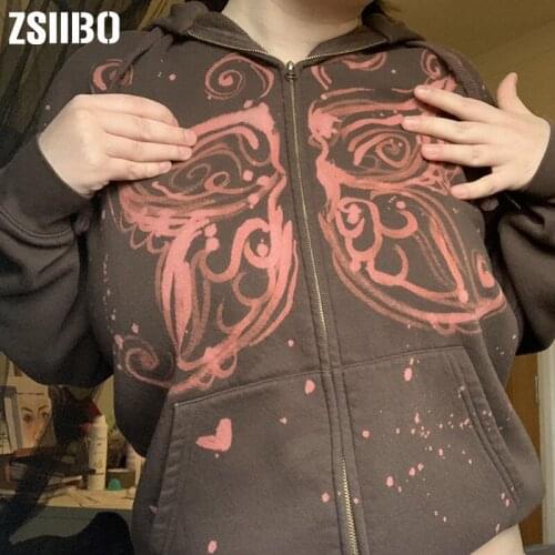 Women Butterfly Print Hoodies Print Coats Ladies Streetwear Zip-Up Hoodie Gothic Vintage Harajuku Grunge Clothes y2k sweatshirt