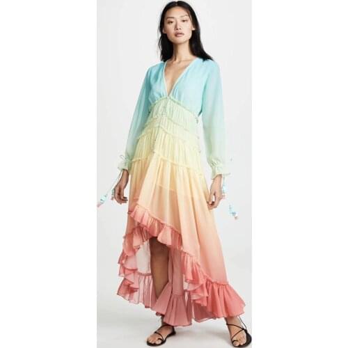 New Fashion Summer Dress Women Gradient Multicolor Holiday Long Dress Romantic Lady Tassel Cuffs V Neck Holiday Beach Dress