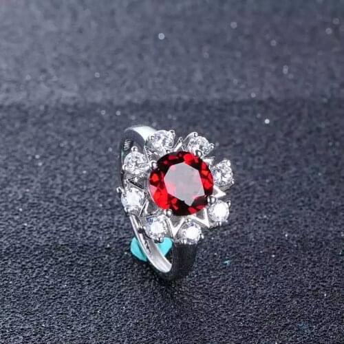 Natural red garnet gem Ring Natural gemstone Ring S925 sterling silver trendy elegant Sunflower round women wedding Jewelry