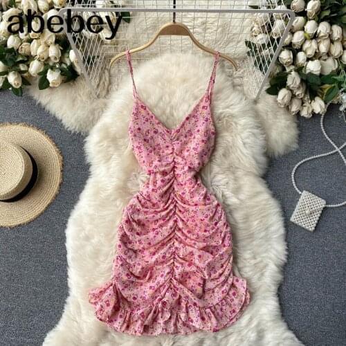 Women Sweet Floral Strap Dress V Neck Sleeveless Backless Slim Ruffles Party Dress Summer Boho Print Beach Short Dress