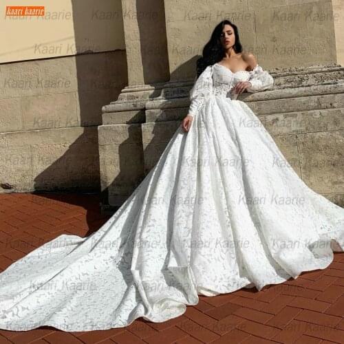 Luxury Lace Wedding Gown Off Shoulder 2021 Robe De Mariée Long Sleeves Court Train Bride Dresses Customized Vestido De Casamento