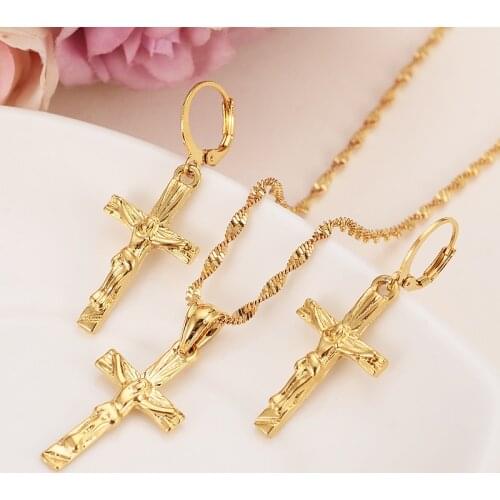Gold jesus cross Pendant Necklace chain Earrings sets Jewelry Gold Christian jewelry sets for women girl Best Jesus Gifts