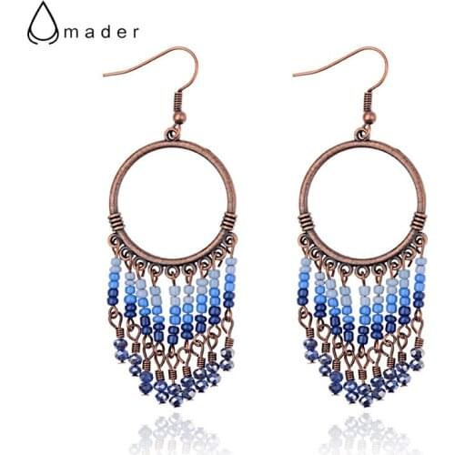 2019 Womens Round Ethnic Bohemia Blue Beaded Earrings Vintage Summer Drop Earrings Boucle d'oreille Holiday HQE947