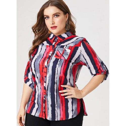 2020 Fall Half sleeve Colorful striped blouse fashion ladies Retro elegan clothes Plus Size Womens Clothing Top