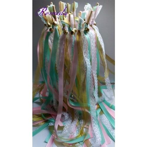 50pcs/lot glitter wedding ribbon wands triple streamer with gold bell for wedding party